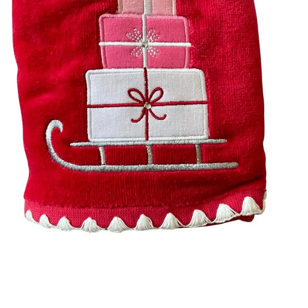 2pc Kassatex Christmas Hand Towels Embroidered Presents on Sled Red Pink NEW